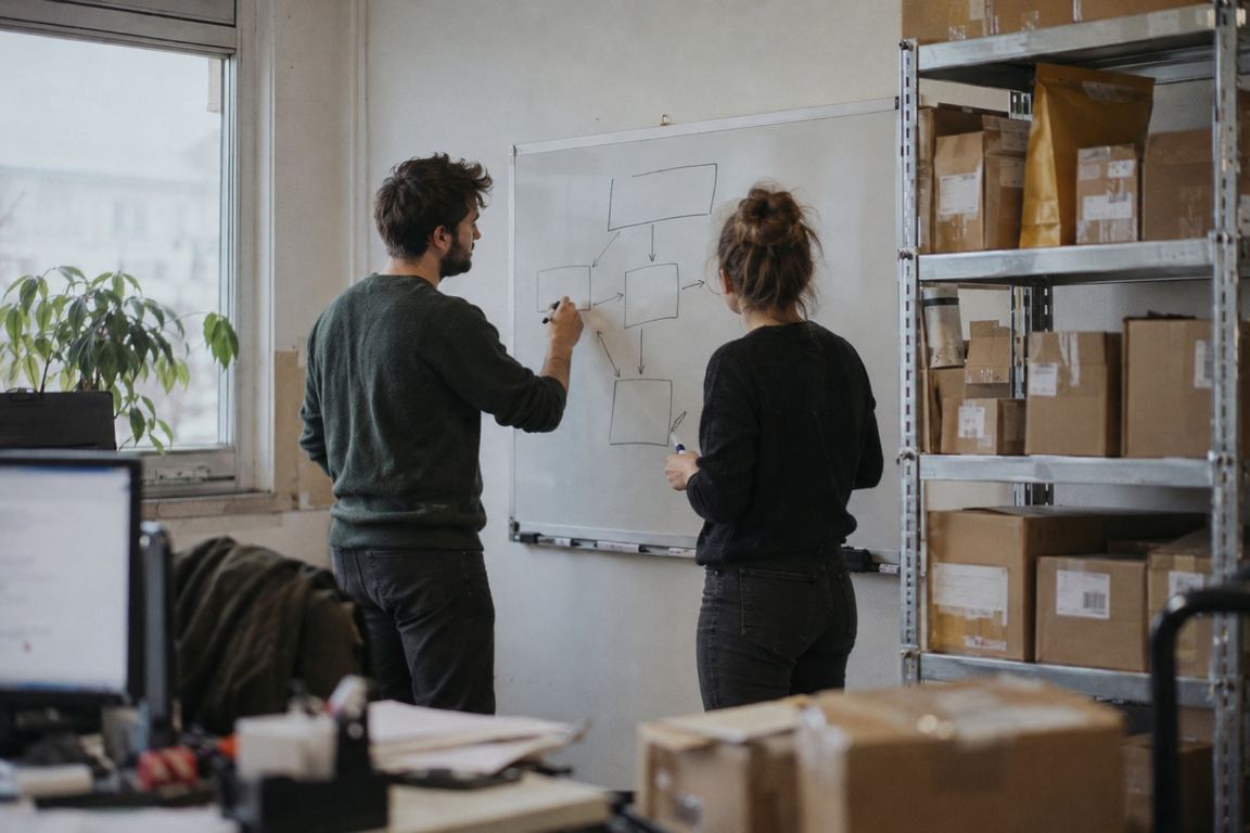 Ein Mann und eine Frau zeichnen in einem Büro mit Paketregalen einen Ablauf aus Kästchen und Pfeilen an ein Whiteboard.