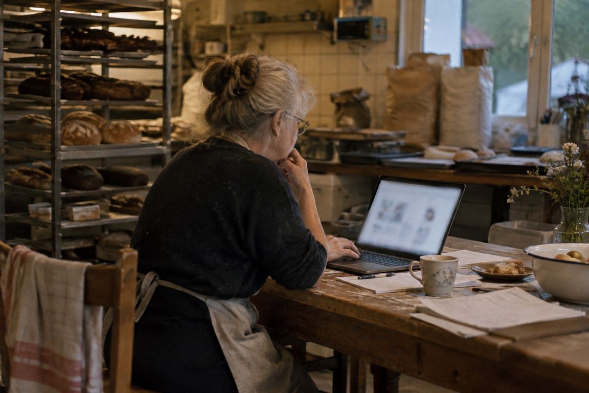 Bäckerin sitzt in ihrer Backstube an einem Holztisch und arbeitet am Laptop; hinter ihr stehen Regale mit frisch gebackenem Brot.