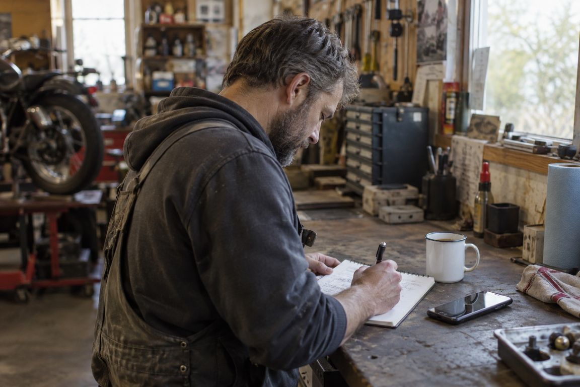 Handwerker notiert an der Werkbank seiner Motorradwerkstatt Arbeitsschritte in ein Notizbuch; daneben liegen ein Smartphone und eine Kaffeetasse.